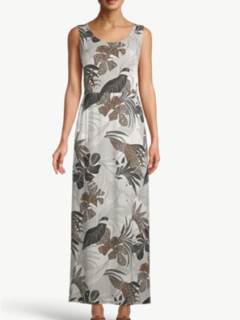 Sleeveless Tropical safari Print Maxi Dress in Gray and Brown large Vacation